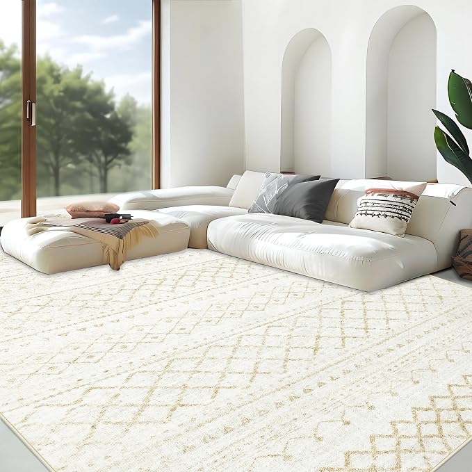 Area Rug Living Room Rugs 5x7 - Large Soft Boho Geometric Rugs, Non-Slip Foldable Washable Area Rug Non Shedding Morden Indoor Floor Carpet for Living Bedroom Office Dining Room (Beige,5' x 7')