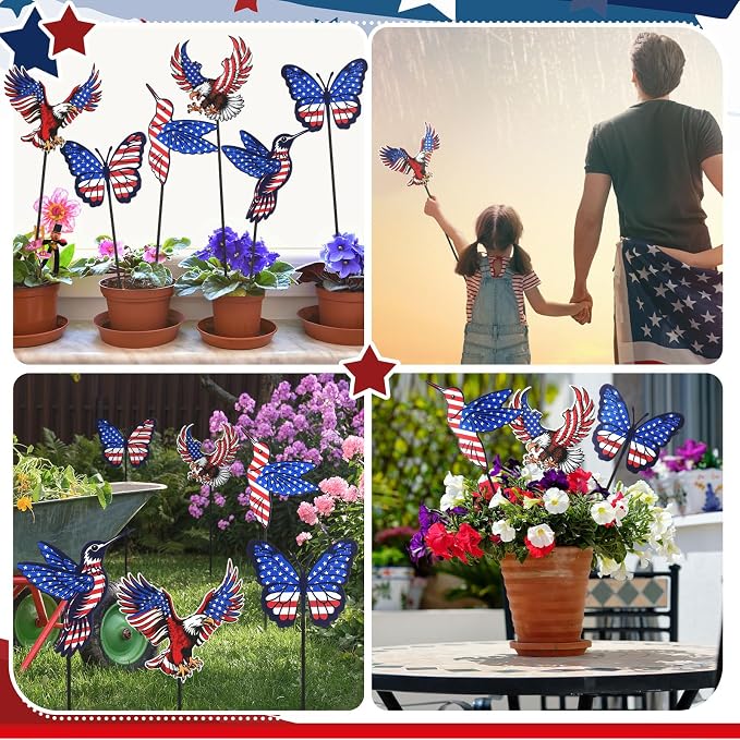 Pickmesh 6 Pcs 12" H 4th of July Outdoor Decor Patriotic Yard Decor Red White Blue Garden Stake Metal Yard Sign 250th Anniversary USA Flag Eagle American for Outdoor Independence Day Decoration