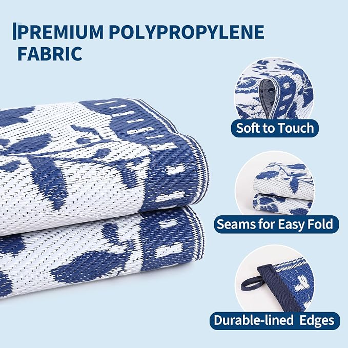 Garvee 5x8 Outdoor Rug Waterproof, Vintage Floral Plastic Straw Rugs, Camping Rugs for Outside Your RV, Foldable Lightweight Reversible Carpet with Portable Bag for Patio, Backyard, Beach, Navy＆White