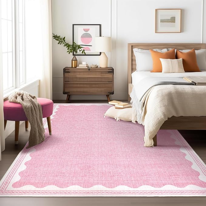 5x7 Scalloped Area Rugs Pink Washable Living Room Bedroom Rug | Solid Tan Rug for Bedroom Girls, Non Slip Throw Carpet With Rubber Back, Soft Dorm Nursery Scalloped Rugs for Dining Room