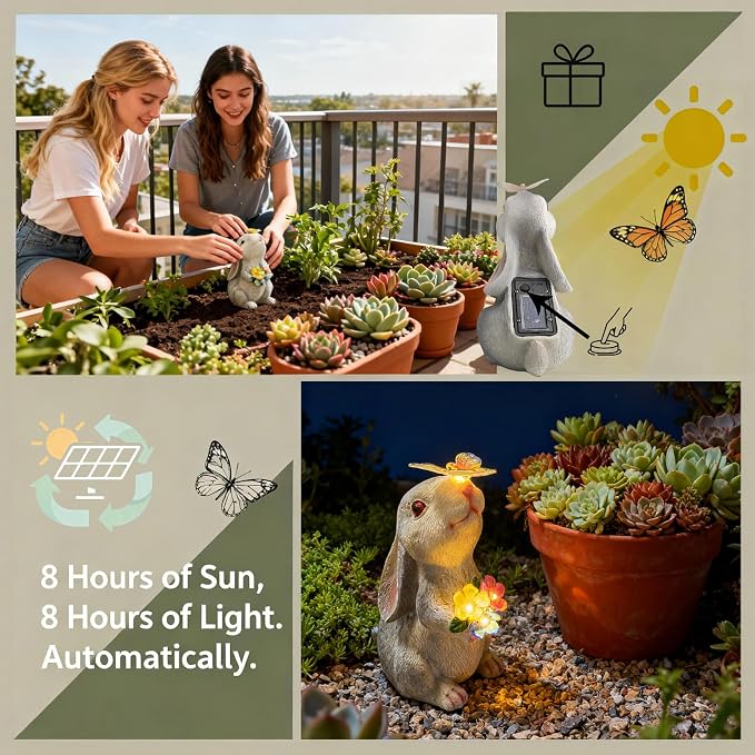 Bunny Garden Decor Solar Light Figurine, Rabbit with Butterfly Sculpture, Outdoor Waterproof Resin for Patio Porch Backyard, Mother's Day Easter Spring Gift for Mom/Grandma, Housewarming New Home Gift