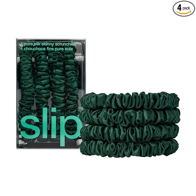 Slip Silk Hair Ties — Skinny Silk Forest Scrunchies, No Damage, No Crease, Anti-Breakage |100% Mulberry Silk | All Hair Types | Made with Proprietary Slipsilk™ | Set of 4