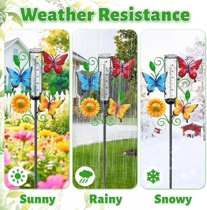 35.4" Butterfly Rain Gauge Outdoor, Metal Rain Gauges Stake with 6“ Glass Tube, Decorative Rain Gauges for Yard Garden Lawn for Precipitation Measurement