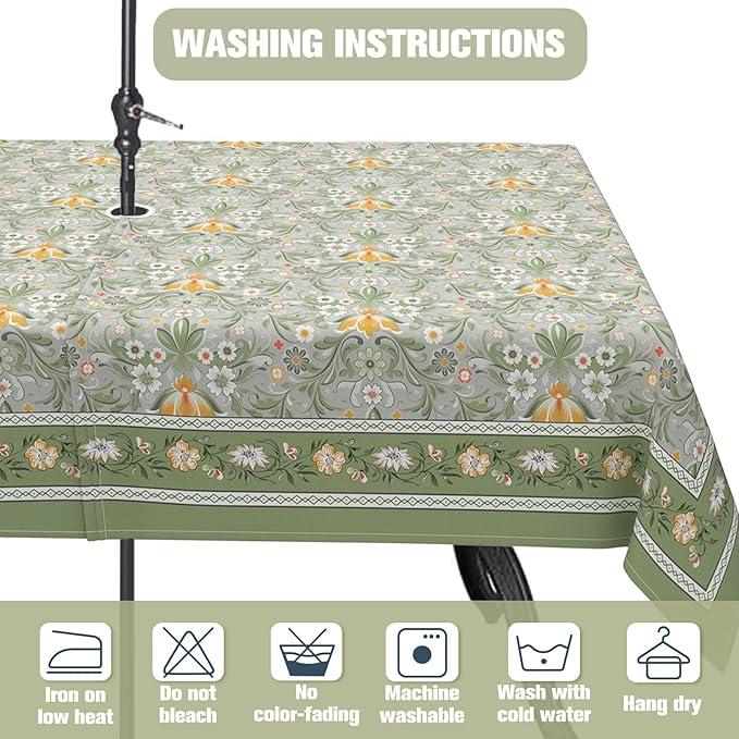 Green Print Outdoor Tablecloth with Umbrella Hole 60" x 120" Waterproof Zipper Table Cloth for Patio Table - Ideal Tablecloths for Picnics, Camping, and Yard Use
