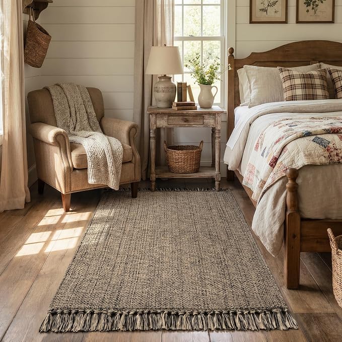 3' x 5' Indoor Entryway Rug, Boho Farmhouse Washable Kitchen Rug | Hand-Woven Soft Bedside Rug Modern Reversible Front Door Mat, Natural/Black Braided Bathroom Rugs for Bedroom Indoor Decor