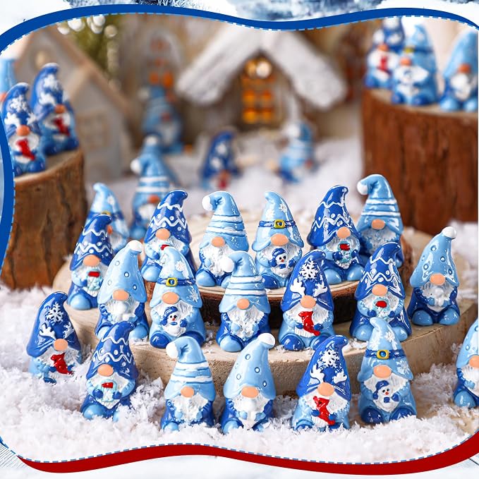 80 Pcs Winter Mini Gnomes Figurines Winter Snowflake Miniature Figurines Tiny Resin Statues Snowman Table Centerpieces for Patio Garden Ornament to Hide Party Favors