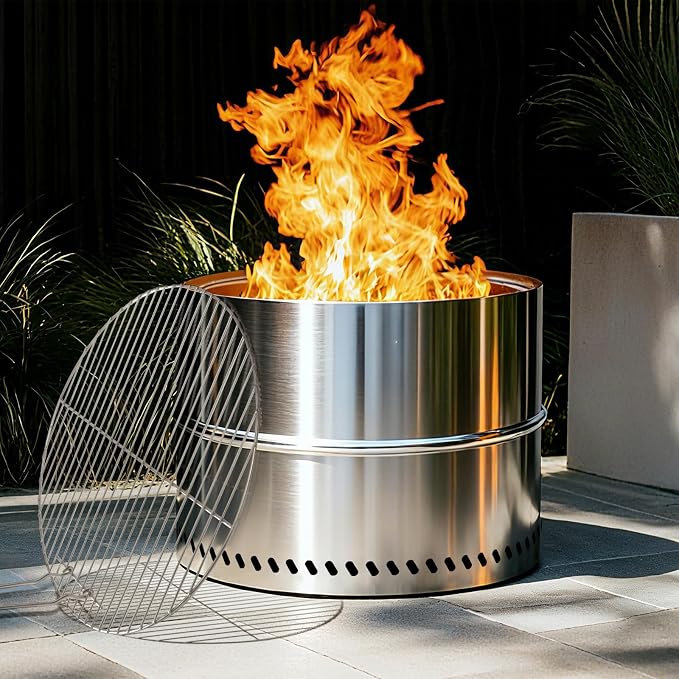 HGD 20 Inch Smokeless Firepit with Grill, Portable Wood Burning Fire Pit for Camping & Backyard, Stainless Steel Outdoor Fireplace with Travel Bag, Easy Setup & Compact Storage - Foldable Design