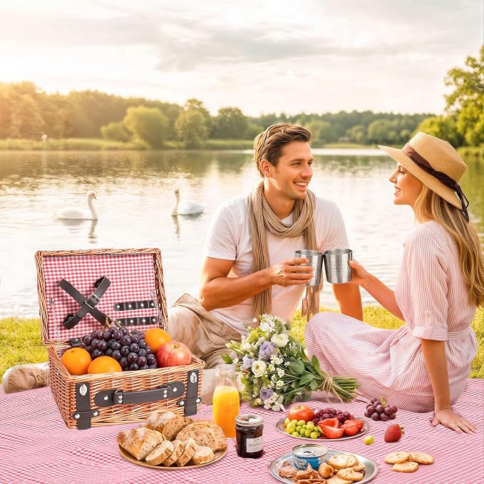Picnic Basket Set for 2, Wicker Picnic Baskets with Waterproof Blanket and Cutlery Service Kit, Willow Hamper for Camping, Outdoors, Valentine's Day, Christmas, Birthday, Wedding Gift