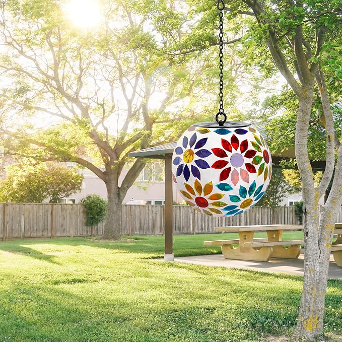 Mosaic Solar Lantern Outdoor Waterproof Glass Hanging Solar Lights, Multi | Solar Hanging Lantern IP44 Waterproof Mosaic Gazing Ball with White LED Lights, Metal Hanging Chain, Outdoor Pathway Decor