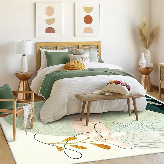 Washable 8x10 Area Rugs Low Pile Non Slip Mid Century Modern Large | Machine Washable Big Throw Carpet for Living Room Dining Room Bedroom Indoor Boho Abstract Retro Geometric Green