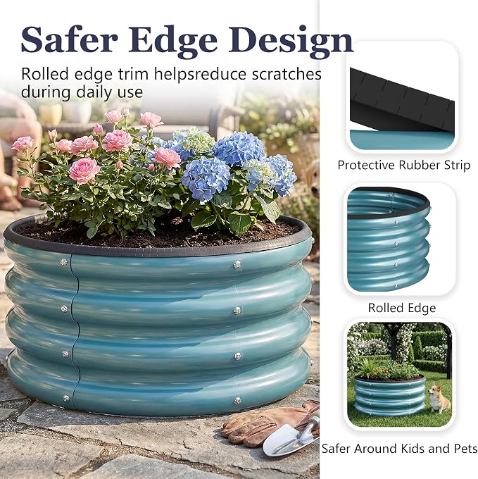 2 x 2 x 1 ft Round Raised Garden Bed, Blue 1 Pack 0.6 mm Thick Galvanized Steel Planter Box with Double Layer Paint and Safety Edge Trim for Vegetables Flowers Herbs Outdoor Garden