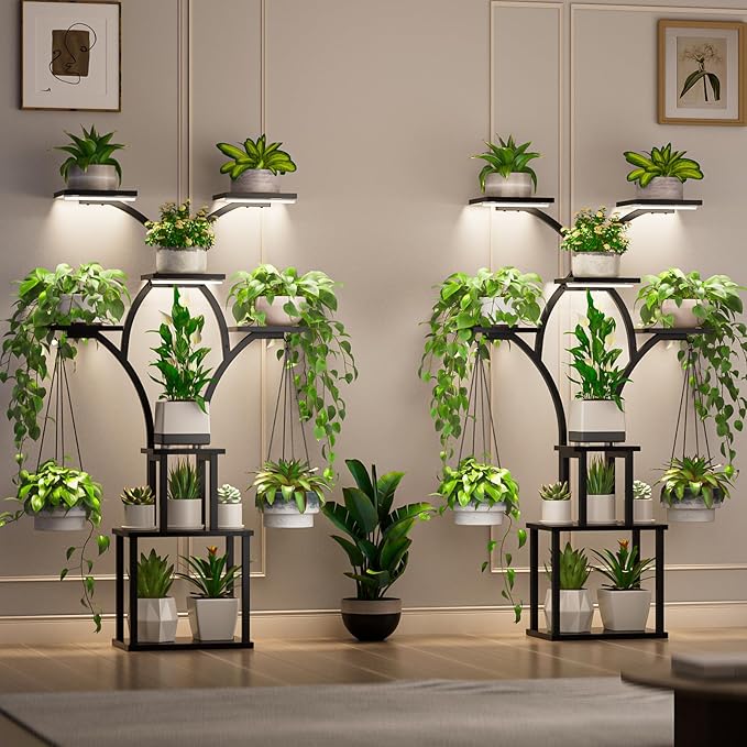 Elbourn 8 Tiered 60" Tall Plant Stand Indoor Shelf with Grow Lights (Black) | Corner Shelf Decor