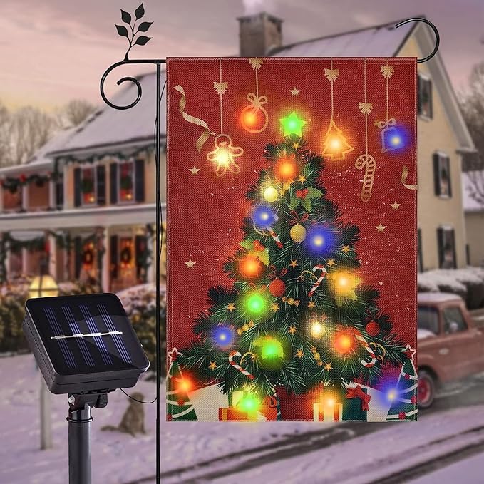 Lighted Christmas Garden Flag for Outside, Solar LED Xmas Tree Flag Decoration, 12x18 Double Sided Outdoor Yard Lawn Decor
