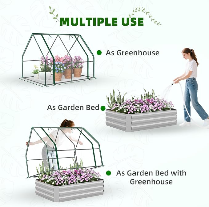 Outsunny 4 x 3 x 3ft Raised Garden Bed with Mini Greenhouse, Galvanized Raised Garden Bed with Cover for Herbs and Vegetables, Small Greenhouse for Patio Garden Balcony, Clear and Gray
