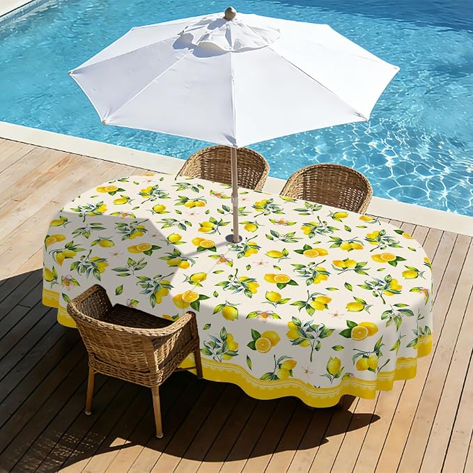 Lemon Outdoor Oval Tablecloth with Umbrella Hole 60" x 120" Waterproof Zipper Table Cloth for Garden - Ideal Patio Table Cover for Picnics, Camping, and Yard Use