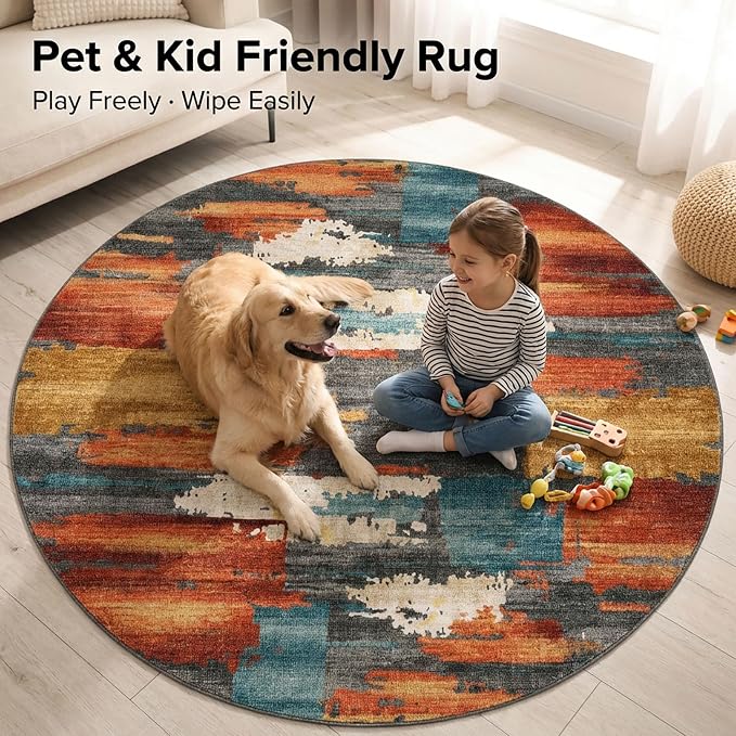 6Ft Burnt Orange and Teal Abstract Brushstroke Area Rug | Soft Low-Pile Machine-Washable Rug with Non-Slip Backing for Dining Rooms, Entryways and Reading Areas for Easy Everyday Care