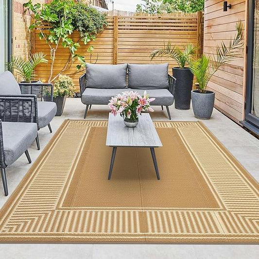 Waterproof Plastic Straw Outdoor Rug 9x18 Patio Reversible UV Resistant Foldable Camping Carpet Modern Striped Large Outdoor Rugs for Deck, Camper, Balcony, Beach，Light Brown/Coffee