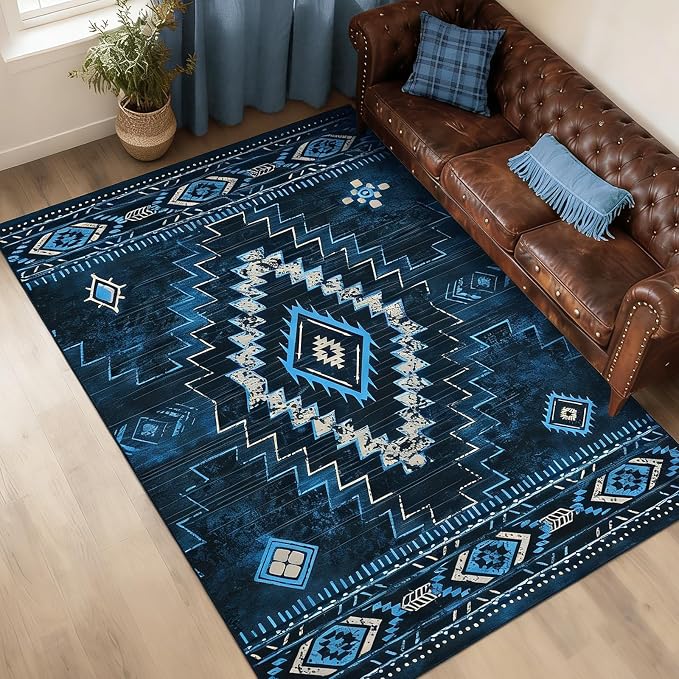 Yinhua Western Living Room Rug 5x7, Low-Pile Washable Rug for Bedroom | Aztec Blue Rugs Non-Slip with Rubber Backing, Soft Non-Shedding Carpet for Dining Table Office Nursery