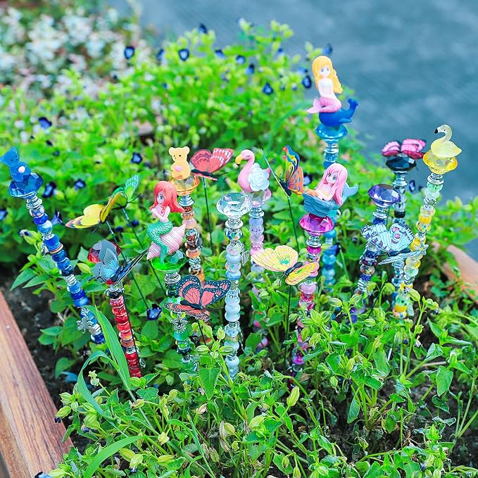 AIPRIDY DIY Crystal Beaded Fairy Wand Garden Stakes Kit, Colorful Decorative Wands with Assembly Guide, 12 or 10 Inch Threaded Rods,Outdoor Garden Decoration Set (252, Rainbow+Fairy Tale Top)