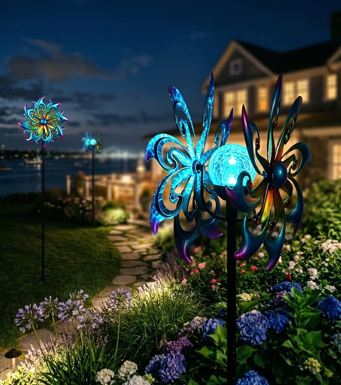 Solar Wind Spinner Metal Bird of Paradise Kinetic Garden Yard Art | Multi-color solar glow orb,Bird of paradise metal spinner,Whisper-quiet bearings,Stable 5-prong stake,Hand-Crafted Art