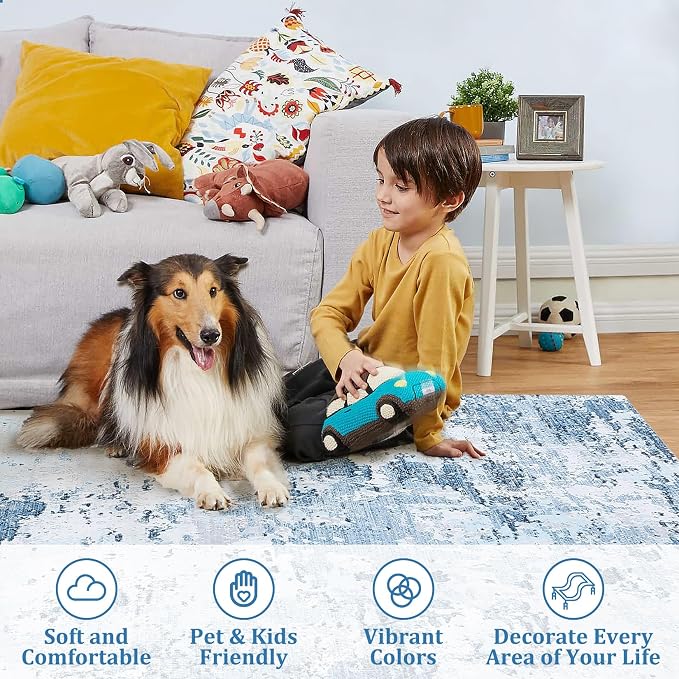 ROYHOME 2x6 Modern Abstract Runner Rug for Hallway Kitchen Bathroom, Blue | Non Slip Soft Stain Resistant Low Pile Machine Washable Non Shed Rug