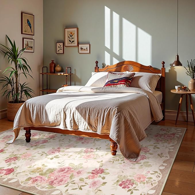 Lahome Vintage Floral 8x10 Area Rugs,Pink Large Living Room Rugs | Machine Washable, Low Pile Pink Rugs for Bedroom Girls Carpet for Nursery Rug Playroom Dining Room Nina(8'X10',Beige)