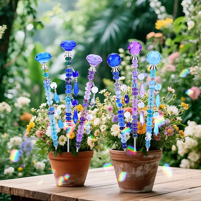 AIPRIDY DIY Crystal Beaded Fairy Wand Garden Stakes Kit, Colorful Decorative Wands with Assembly Guide, 12 or 10 Inch Threaded Rods,Outdoor Garden Decoration Set (208, Purple+Aqua+Blue)