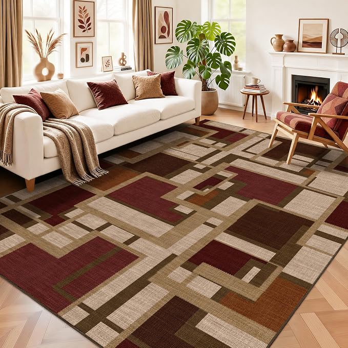 Modern Geometric 6x9 Area Rugs for Living Room, Red Brown Washable Rug | Abstract Patchwork Blocks Non-Slip Indoor Carpet for Bedroom Dining Room Office | Burgundy Brown Soft Low-Pile Floor Rug