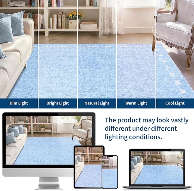 COZYLOOM 2x6 Kitchen Runner Rug Bow Bordered Long Rugs for Hallway, Solid Color Throw Rugs with Rubber Backing Washable, Non Shedding Stain Resistant Modern Carpet for Entryway, Bedroom, Blue