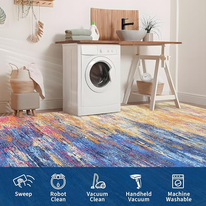 ROYHOME Modern Abstract Living Room Rug 8x10, Blue/Orange | Washable Area Rugs for Bedroom, Stain Resistant Non Slip Large Rug, Soft Indoor Carpet for Dining Room Table Home Decor