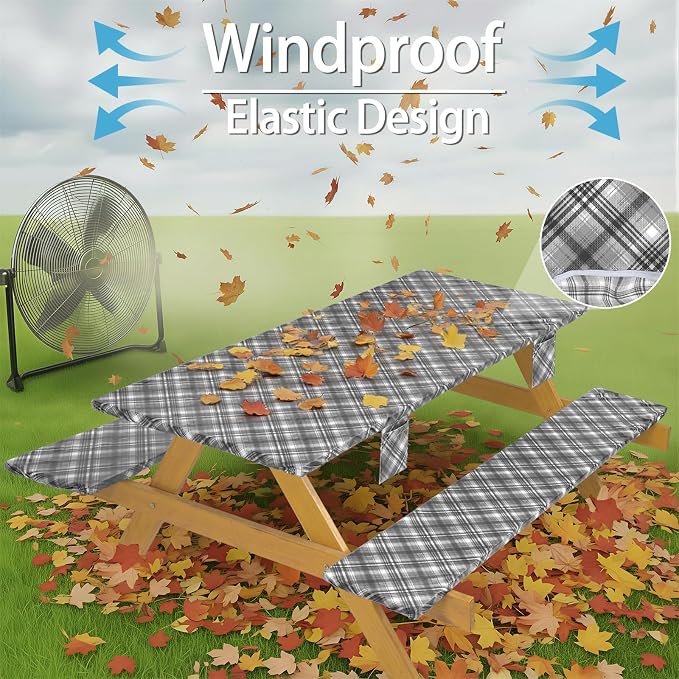 Fitted Waterproof Picnic Table Cover with Bench Covers Heavy Duty Elastic Outdoor Camping Tablecloth for 8 Foot Rectangle Tables Summer Rv Accessories Patio Garden Road Trip Essentials Gifts