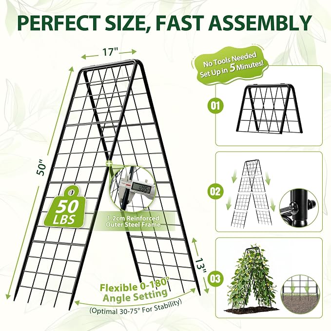 Heavy Duty 2 Pack 50"x17" Adjustable A-Frame Trellis for Climbing Plants Outdoor, Metal Rust-Proof Garden Trellis, Dense Grid Climbing Frame Trellis for Raised Beds, Cucumber, Tomatoes Outdoor