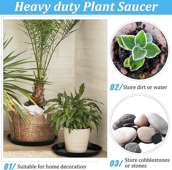 Eccliy 6 Pack Plastic Plant Saucer Heavy Duty Planter Saucers Large Plant Pot Saucers Plastic Water Trays for Indoors and Outdoors Flower Plant Plant Drip (Black,16 Inch)