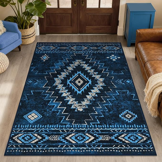 Yinhua Western 3x5 Entryway Rug, Aztec Machine Washable Rug Low-Pile | Moroccan Non-Slip Area Rugs with Rubber Backing, Navy Blue Carpet Stain Resistant for Bedroom Office