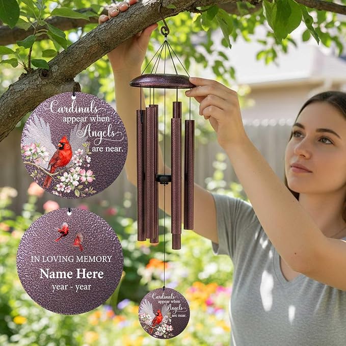 Memorial Wind Chimes for Loss of Loved One/Mom/Dad Personalized Cardinal Deep Tone Wind Chime, Sympathy Gifts for Remembrance Grief Condolences