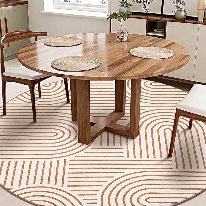 ROYHOME Modern 6ft Round Washable Rug for Living Room Soft Non Slip, Orange | Abstract Area Rug for Bedroom, Rainbow Throw Rugs with Rubber Back, Low Pile Stain Resistant Geometric Carpet for Dining Room