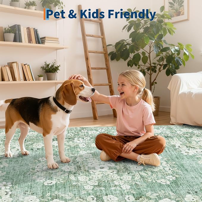 GarveeHome 4x6 Vintage Floral Rug for Living Room Flower Bordered Carpets | Machine Washable Boho Non-Slip Low Pile Botanical Accent Mats Floral Area Rugs for Dining Room Bedroom Office Green