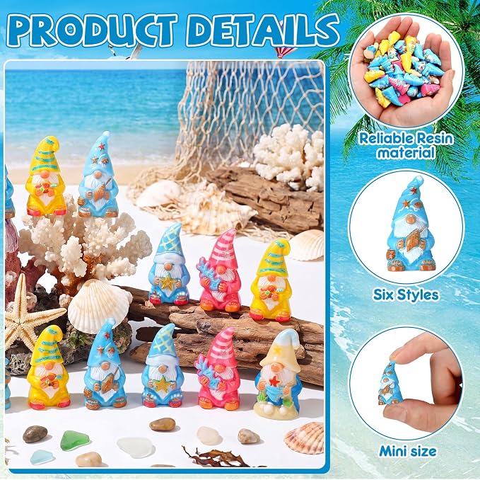 Yaomiao 60 Pcs Mini Summer Ocean Gnomes Figurines Summer Starfish Coral Shell Miniature Tiny Resin Statues Gnomes Figures Resin Gnome Decorations for Beach Hawaiian Party Favor Gift Tiered Tray Decor