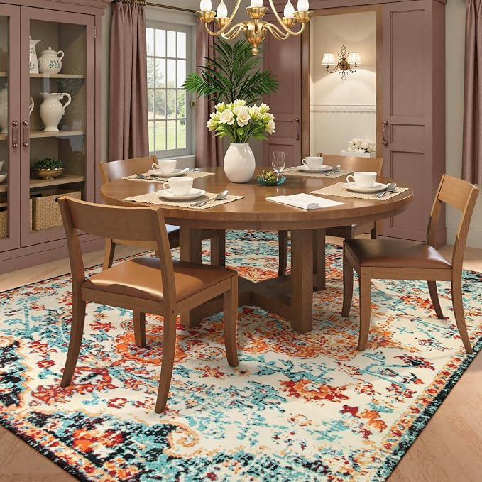 Lahome Reine Boho Rugs for Living Room 8x10, Washable Bedroom Area Rug Soft Low Pile Dining Room Rugs for Under Table,Vintage Non Slip Indoor Floor Carpet for Playroom Office (8x10 Orange)
