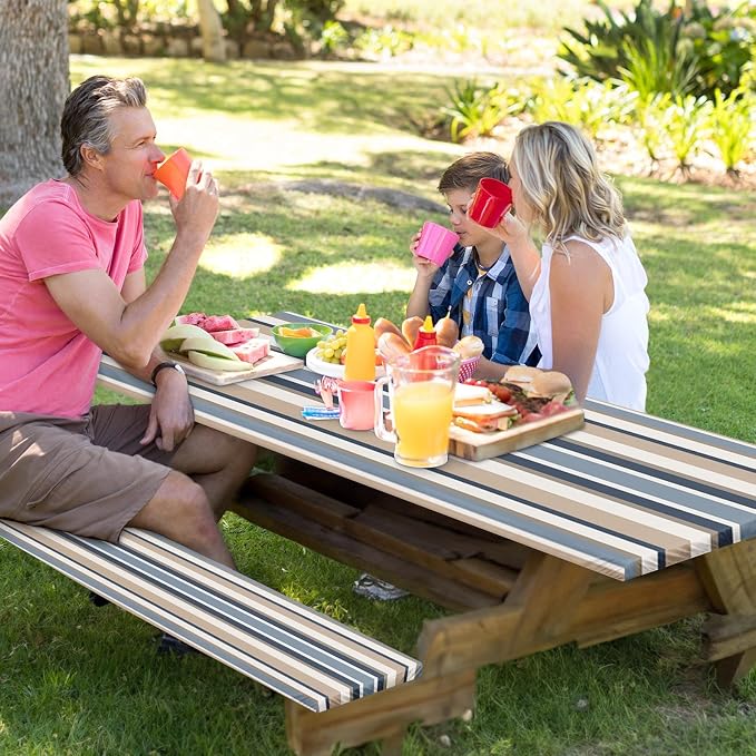 Picnic Table Cover with Bench Covers Elastic Edges, Blue Tripes Camper Fitted Table Cover, Outdoor Patio Camping Essentials 72 Inch 4PCS, Waterproof Camping Fitted Tablecloth with Drawstring Bag