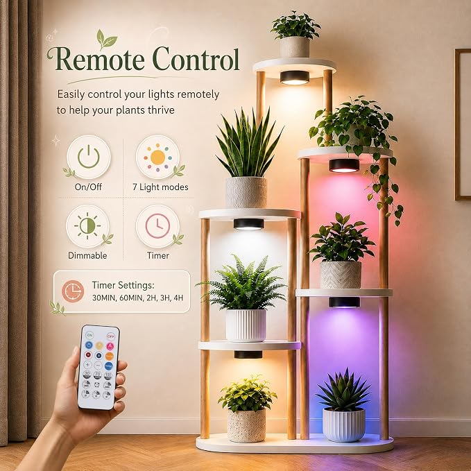 3-Pack Rechargeable Grow Lights for Indoor Plants, Cordless Plant Grow Lamp | Wireless Full Spectrum LED Plant Light with Magnetic, 7 Lights Mode Puck Grow Lamp with Remote Dimmable＆Timer for Plant Shelf