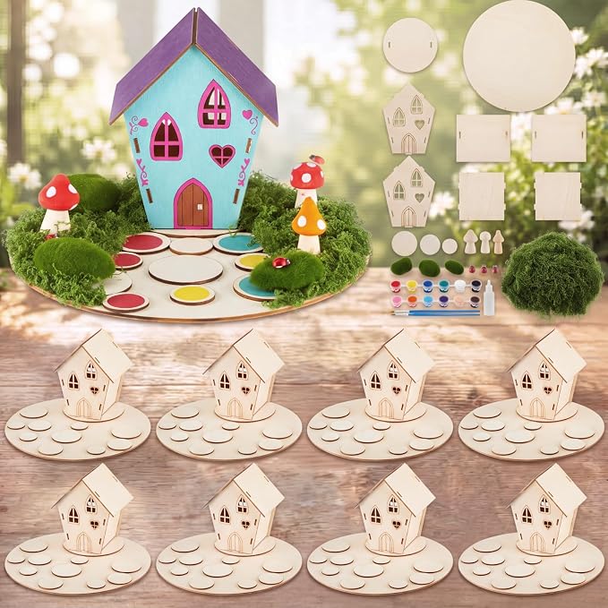 Kathfly 8 Sets Wooden Fairy House DIY Craft Kit for Kids with Paints & Decorations, Unpainted Miniature Garden Accessories for Home Event Party Decorations, Arts Birthday Party Favor (Fairy House)