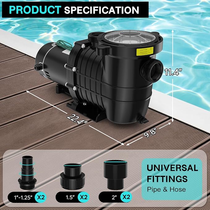 1.5HP Above/In Ground Pool Pump, 115V/230V 6600GPH Self Priming | High Flow Energy Efficient Pure Copper Motor, 1.5", 2", and 1.25"-1.5" Connectors, Strainer Basket & Drain Plug, Dual Voltage