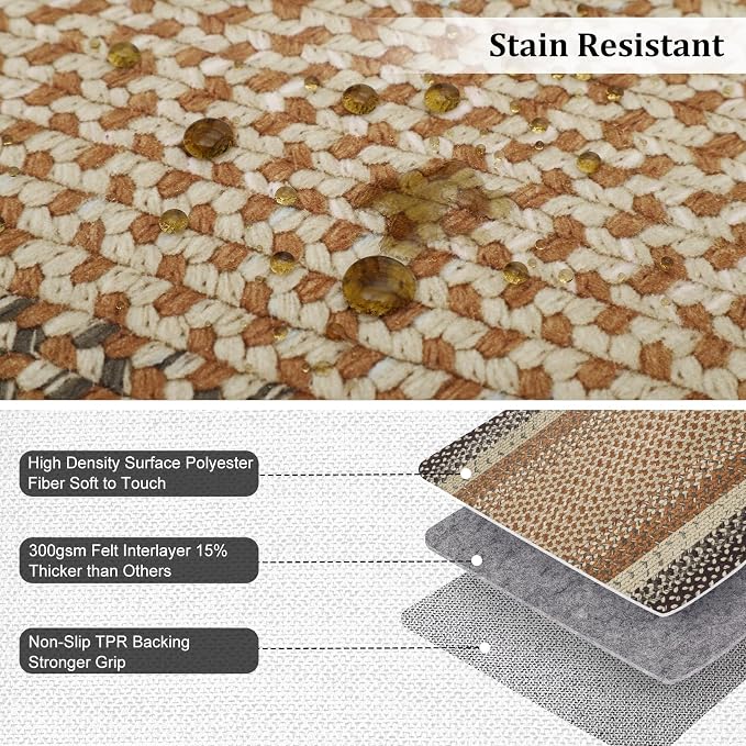 RUGSREAL 9x12 Braided Rug Washable Non Slip Living Room Bedroom Area Rugs | Modern Braid Printed Large Dining Room Rug with Rubber Backing Farmhouse Accent Carpet for Home Decor Office, Sand/Bronze