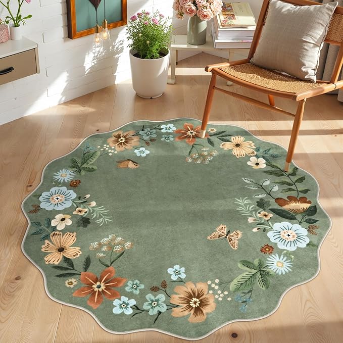 Lahome Floral Round Area Rugs, Washable Small Round Rug 3ft Non-Slip, Soft Boho Ultra-Thin Circle Carpet for Bedroom Entryway Kitchen Laundry Bathroom, Green
