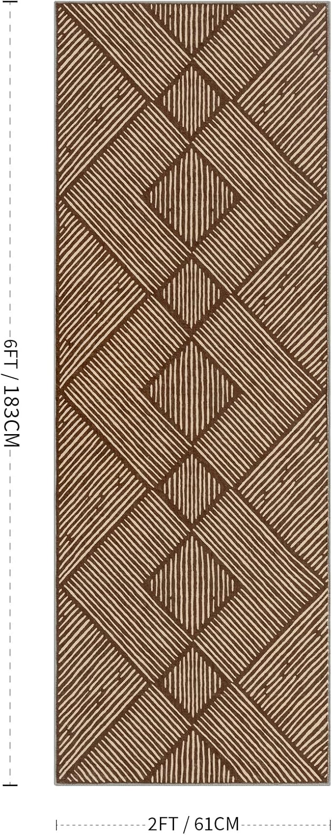 2‘x6' Washable Brown Stripe Runner Rug for Hallway | Non-Slip, Low Pile, Stain Resistant, Earth Tone Geometric Style for Kitchen Entryway Bedroom