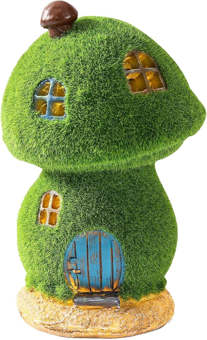 Mushroom Fairy House Decor - Figurine Lights Outdoor Solar Fairy Garden House for Patio Lawn Yard Ornaments, Housewarming Gift 7.4 inch