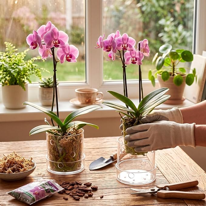 2 Pcs 4 Inch Clear Acrylic Orchid Planter Pot with 360° Round Holes & Tray, Thick Acrylic Vented Planter for Phalaenopsis, Root Airflow, Bottom Watering & Indoor Orchid Repotting