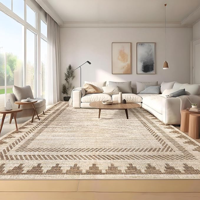 GarveeHome Washable Area Rug 8x10 Modern Neutral Living Room Rug Non Slip, Contemporary Geometric Carpet, Soft Non Shedding Mat, Stain-Resistant Low Pile Neutral Covering for Bedroom Office, Tan