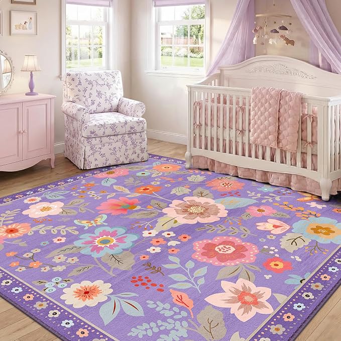 RELEANY Floral Washable Square 6ft Area Rug Purple/Pink | Flower Carpet, Print, Boho, Non-Slip, Easy to Clean, Soft, Low Pile for Living Room Bedroom Kitchen Office Entryway Hallway